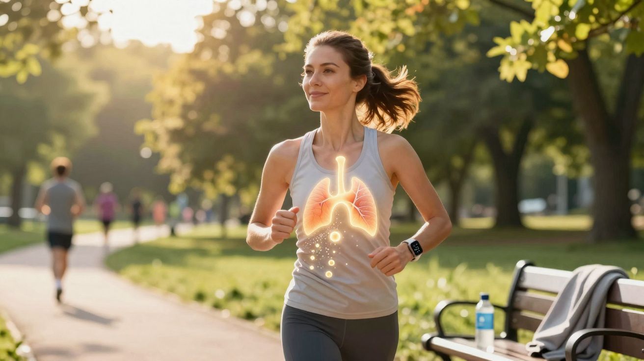 Mulher correndo ao ar livre com gráficos destacando pulmões e respiração saudável no peito.