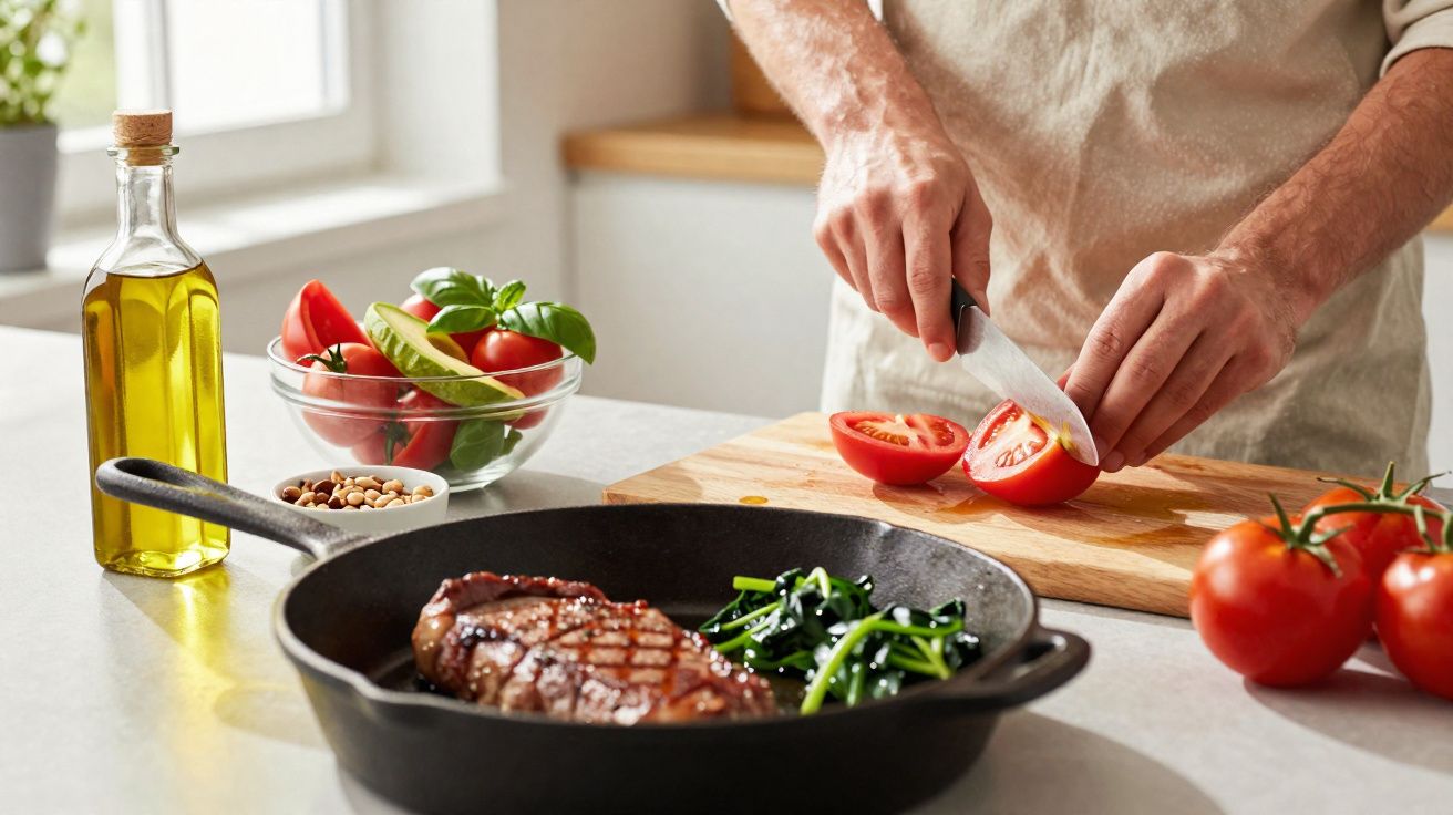 Pessoa cortando tomate em tábua com frigideira de carne e espinafre, tomates e azeite ao lado na cozinha.