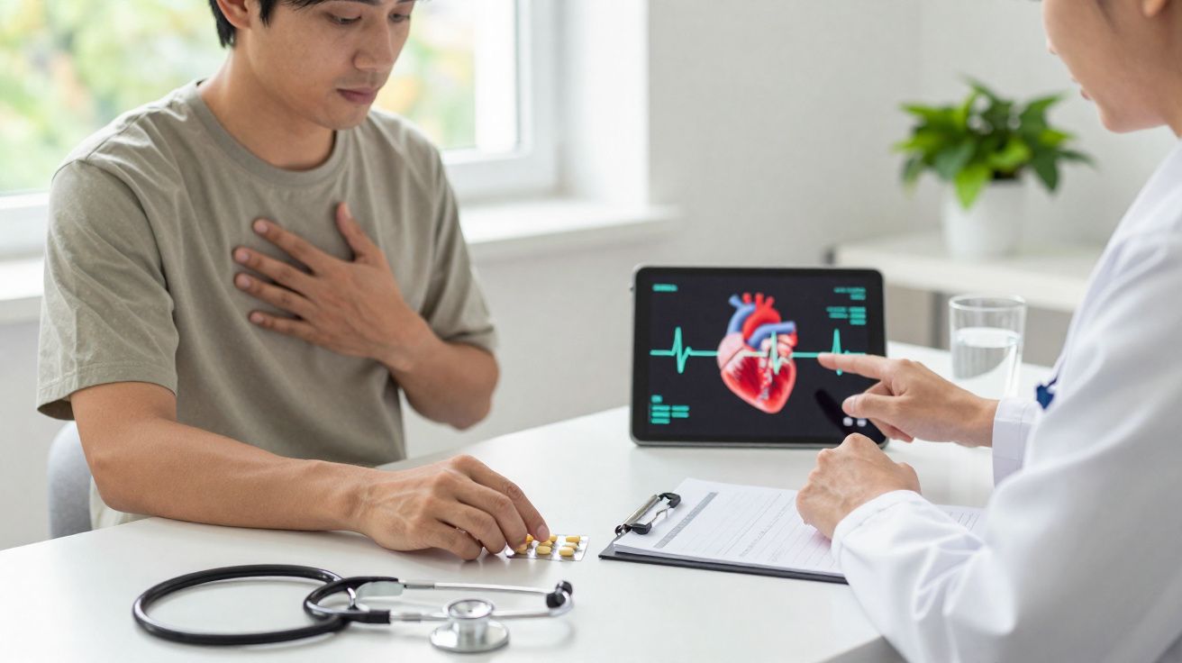 Paciente toca no peito enquanto médico aponta para imagem de coração em tablet durante consulta.