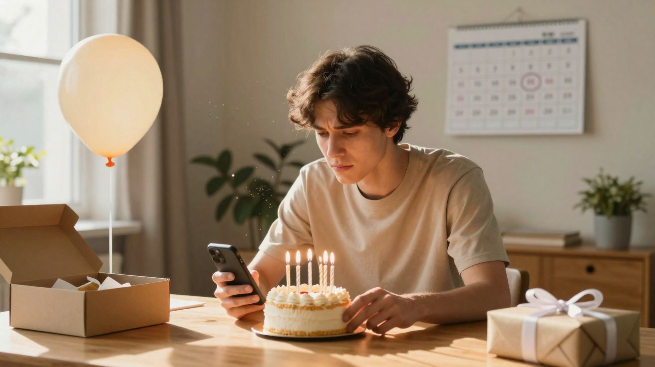 Jovem olhando celular em mesa com bolo de aniversário, presentes, balão e calendário ao fundo.