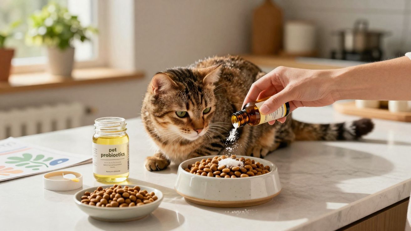 Mão colocando suplemento em pó na ração de gato em pote sobre bancada de cozinha iluminada.