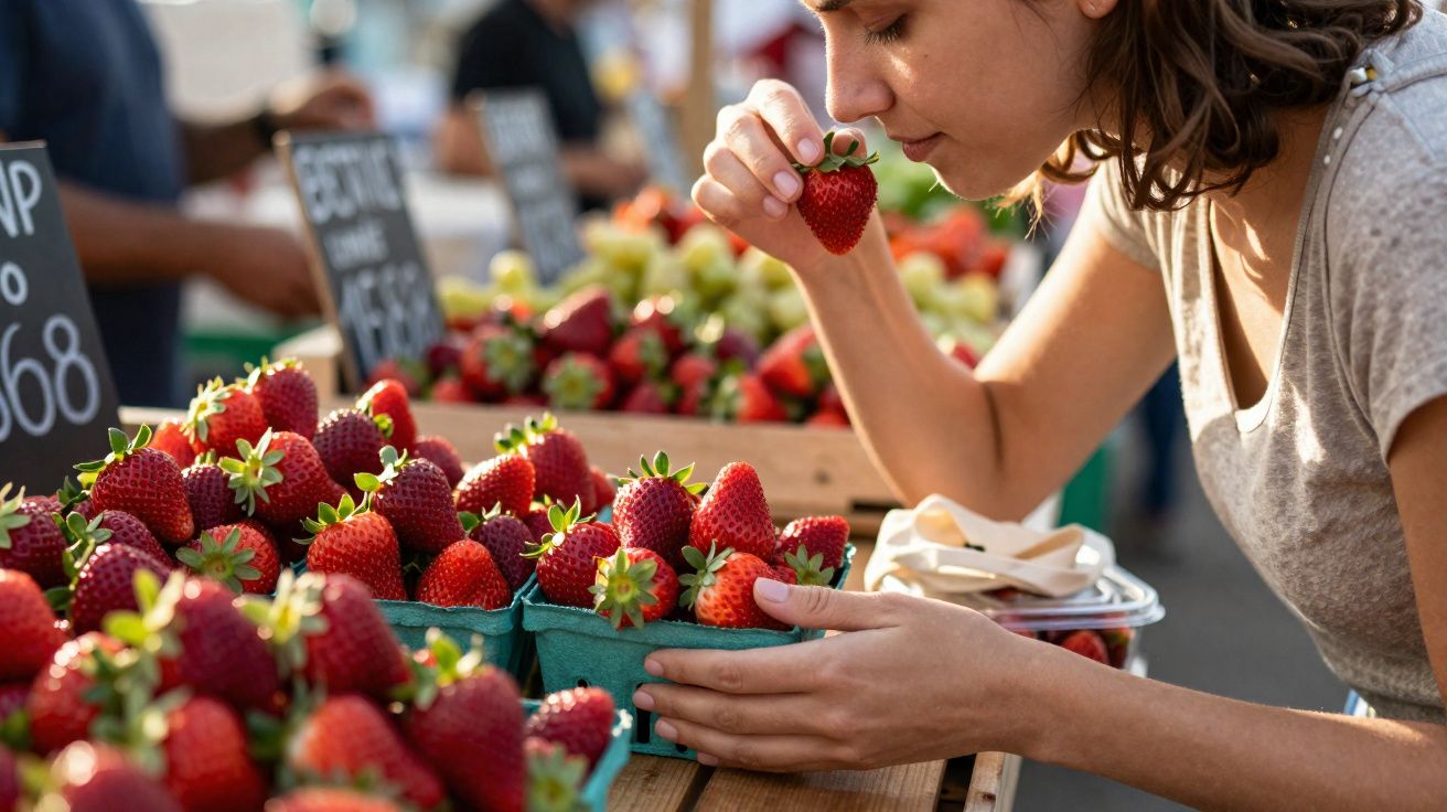 Mulher cheirando morango fresco em feira ao ar livre com várias caixas de morangos vermelhos.