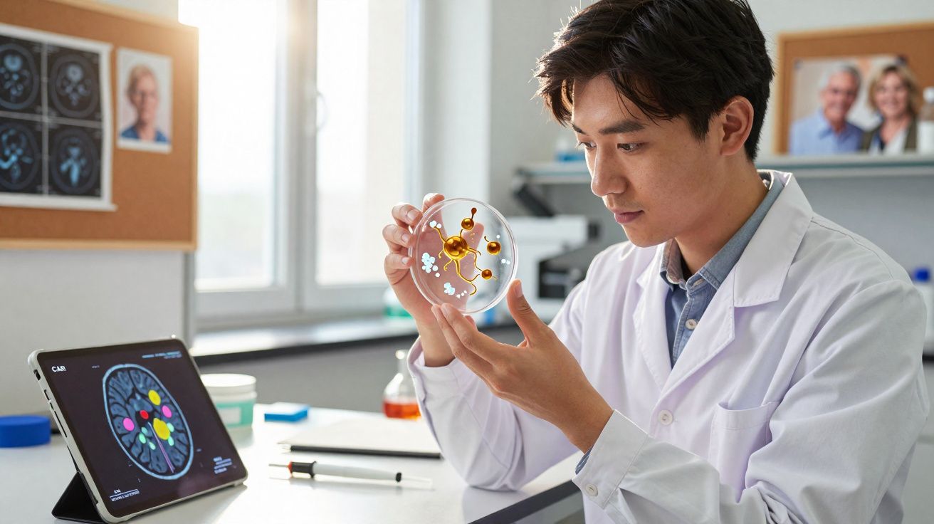 Cientista analisando uma lâmina de petri com cultura celular em laboratório moderno.