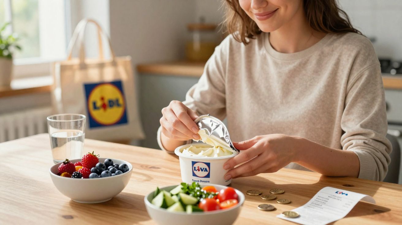 Mulher abrindo pote de iogurte à mesa com frutas, legumes, moedas e sacola do mercado Lidl ao fundo.