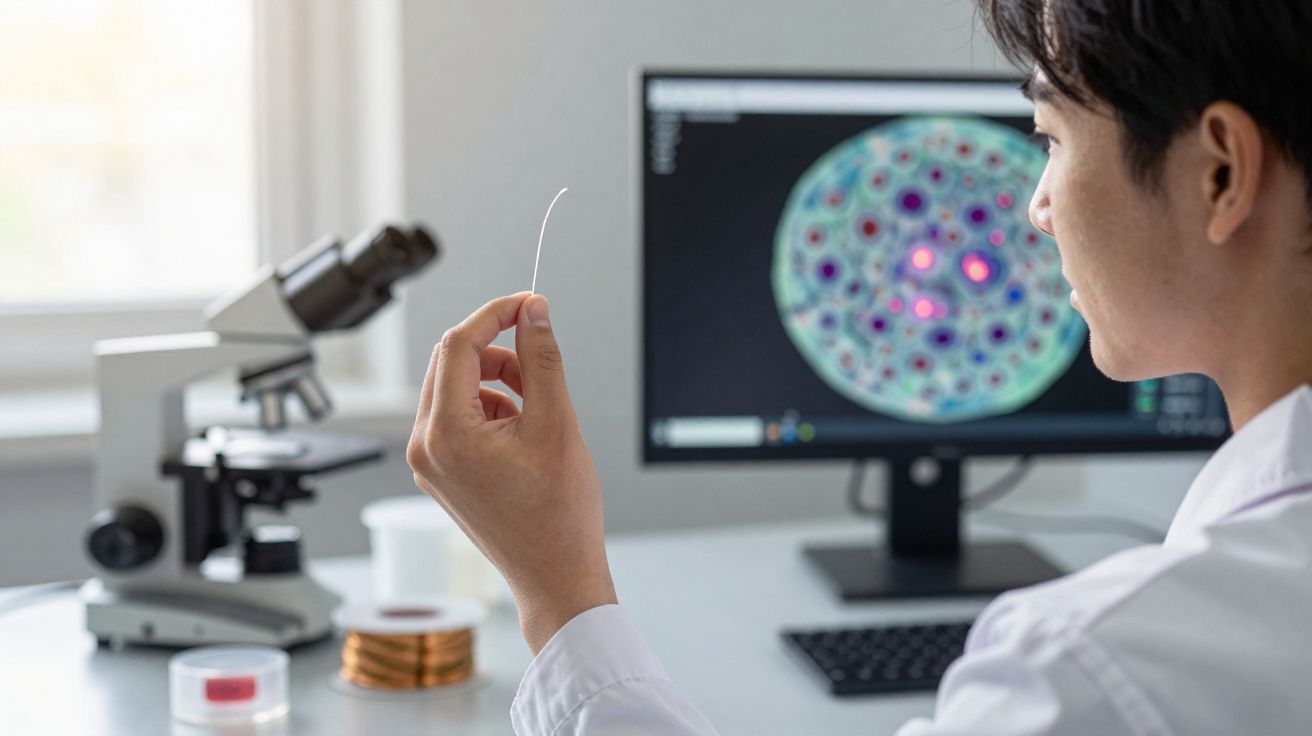 Cientista segurando fio fino em laboratório com microscópio e imagem colorida de células no monitor.