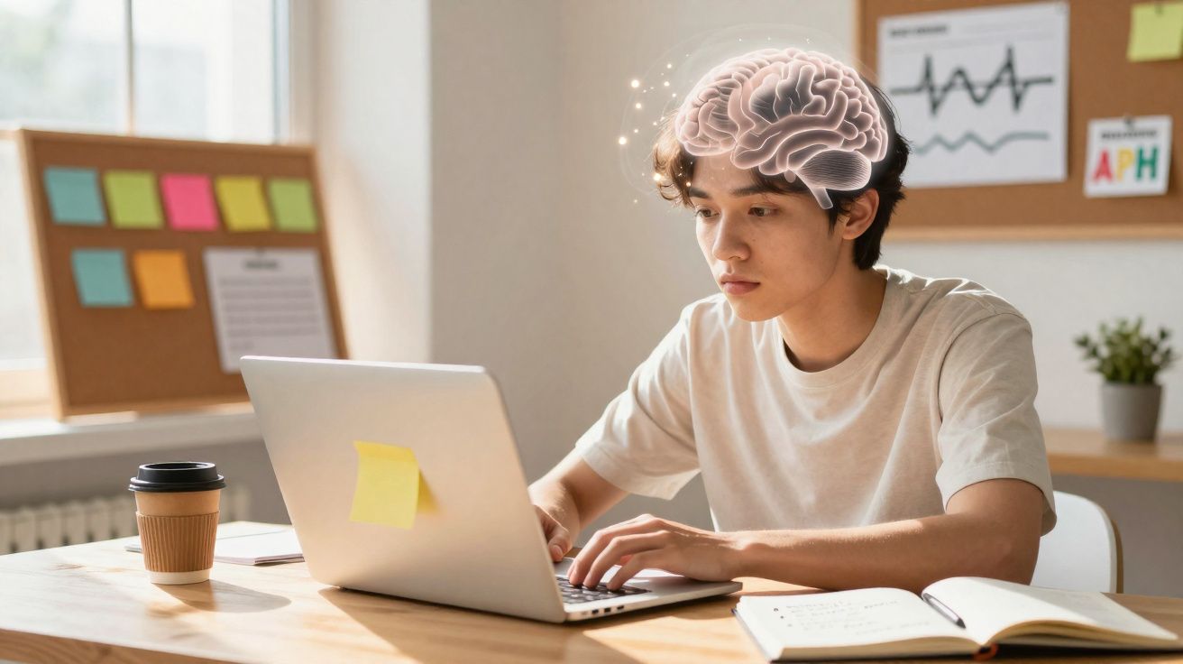 Jovem concentrado usando laptop, com ilustração digital de cérebro brilhante sobre a cabeça.