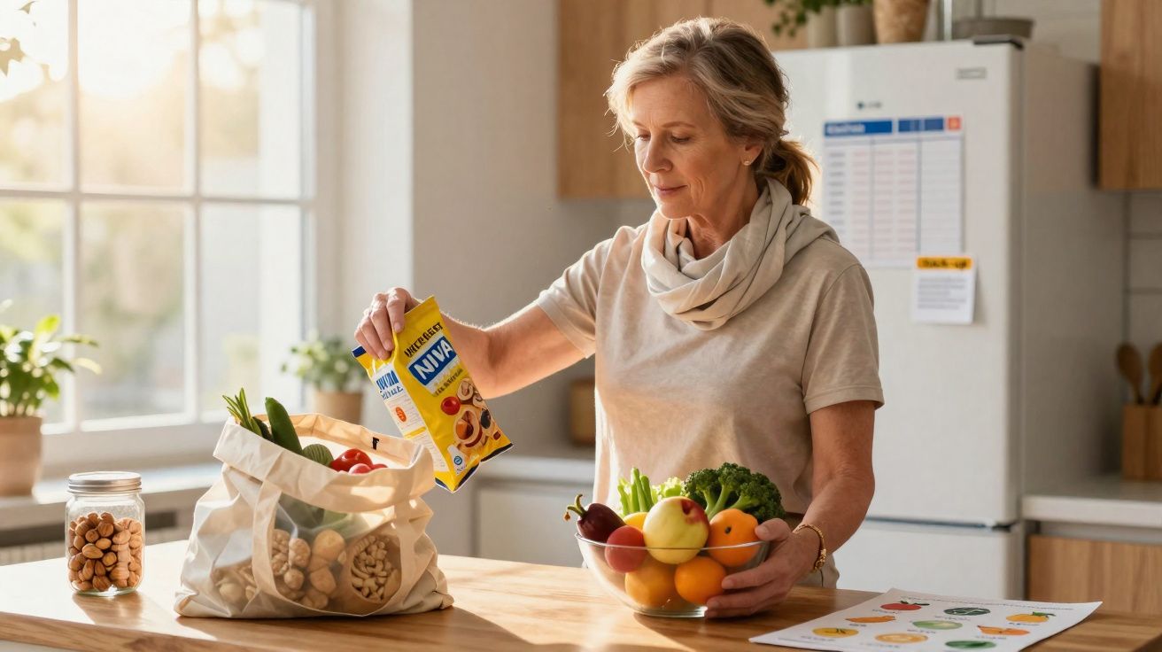 Mulher arrumando frutas e vegetais em tigelas na cozinha iluminada por luz natural.