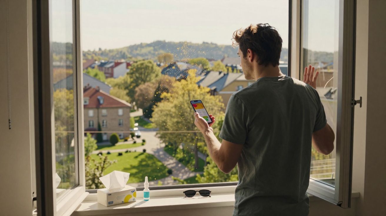 Homem olhando celular de frente para janela aberta com vista de casas e árvores ao fundo.