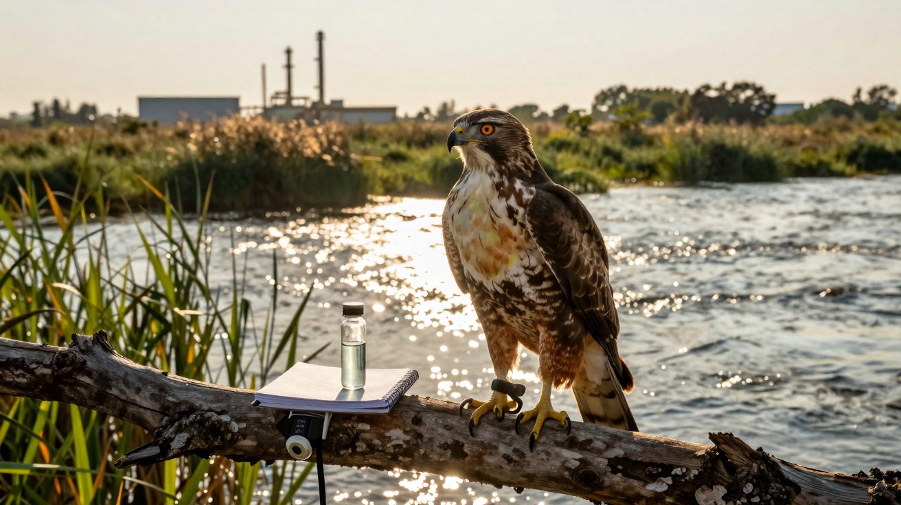 Falcão posado em galho próximo a um rio, com bloco de notas e frasco sobre o galho ao entardecer.