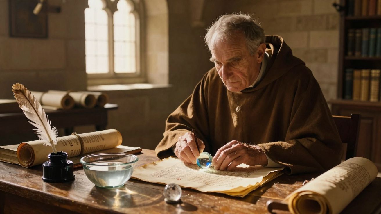 Homem idoso com roupa marrom examinando pergaminho antigo em mesa com pena, tinteiro e bola de vidro.