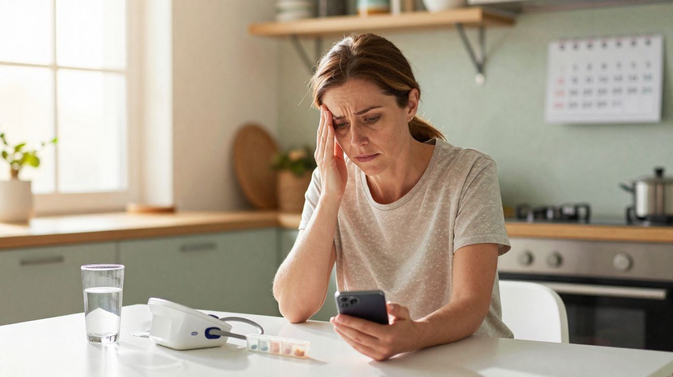 Mulher preocupada olha para celular sentada à mesa de cozinha com medidor de pressão e remédios à sua frente.
