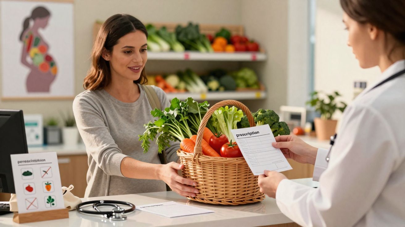 Mulher recebendo cesta de vegetais frescos enquanto conversa com nutricionista em consultório.