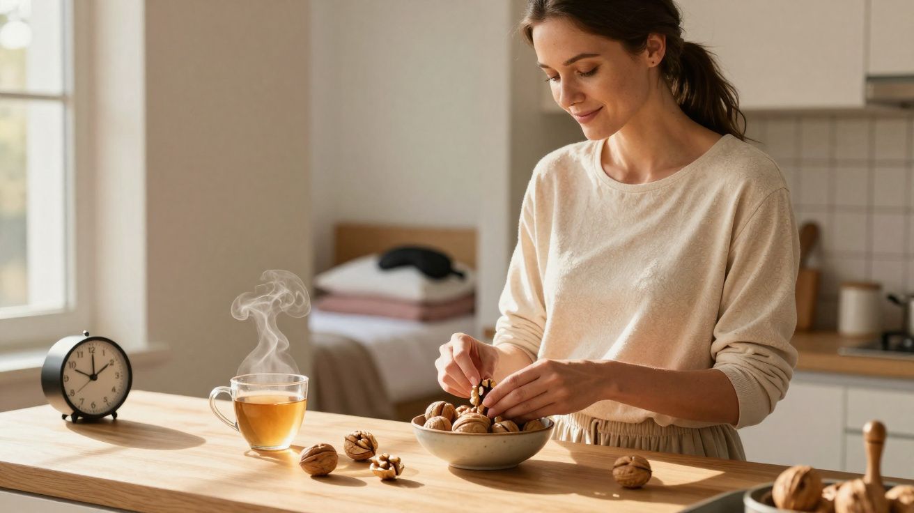 Mulher sorrindo quebra nozes em cozinha iluminada, com relógio e xícara de chá quente sobre a mesa.