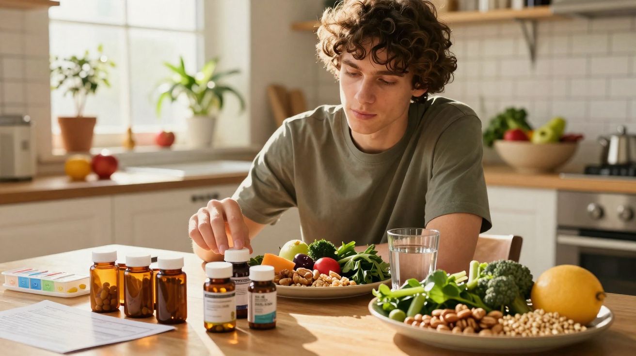 Jovem sentado à mesa com alimentos saudáveis e frascos de suplementos na cozinha iluminada.