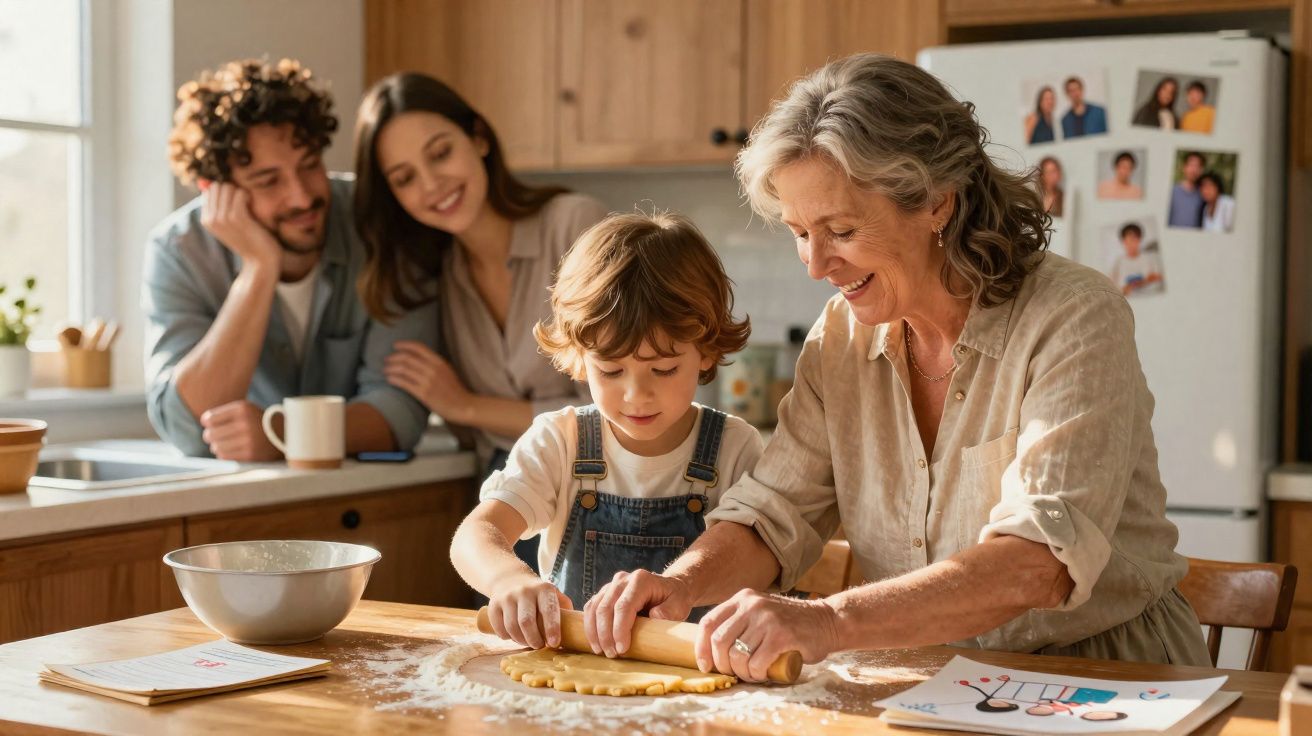 Avó e neto preparando massa na cozinha enquanto adulto e mulher os observam sorrindo ao fundo.