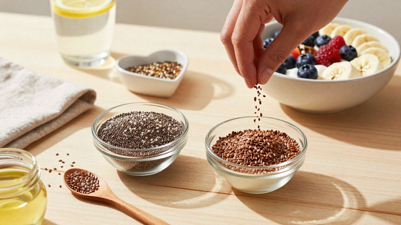 Mão despejando sementes em tigela com sementes, outra tigela com chia, frutas e água com limão ao fundo.