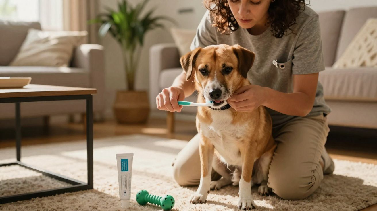 Pessoa escovando os dentes de um cachorro marrom em sala de estar iluminada.