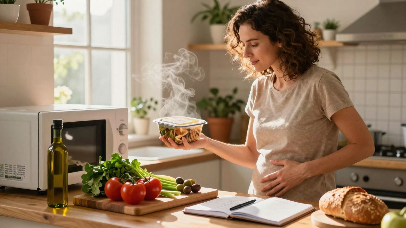 Mulher segurando recipiente quente com comida na cozinha, ao lado de legumes, pão e caderno aberto.