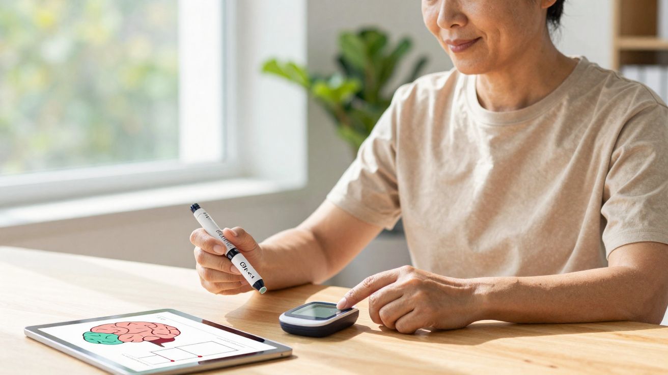 Pessoa usando aparelho para medir glicose ao lado de tablet com imagem de cérebro em ambiente claro.