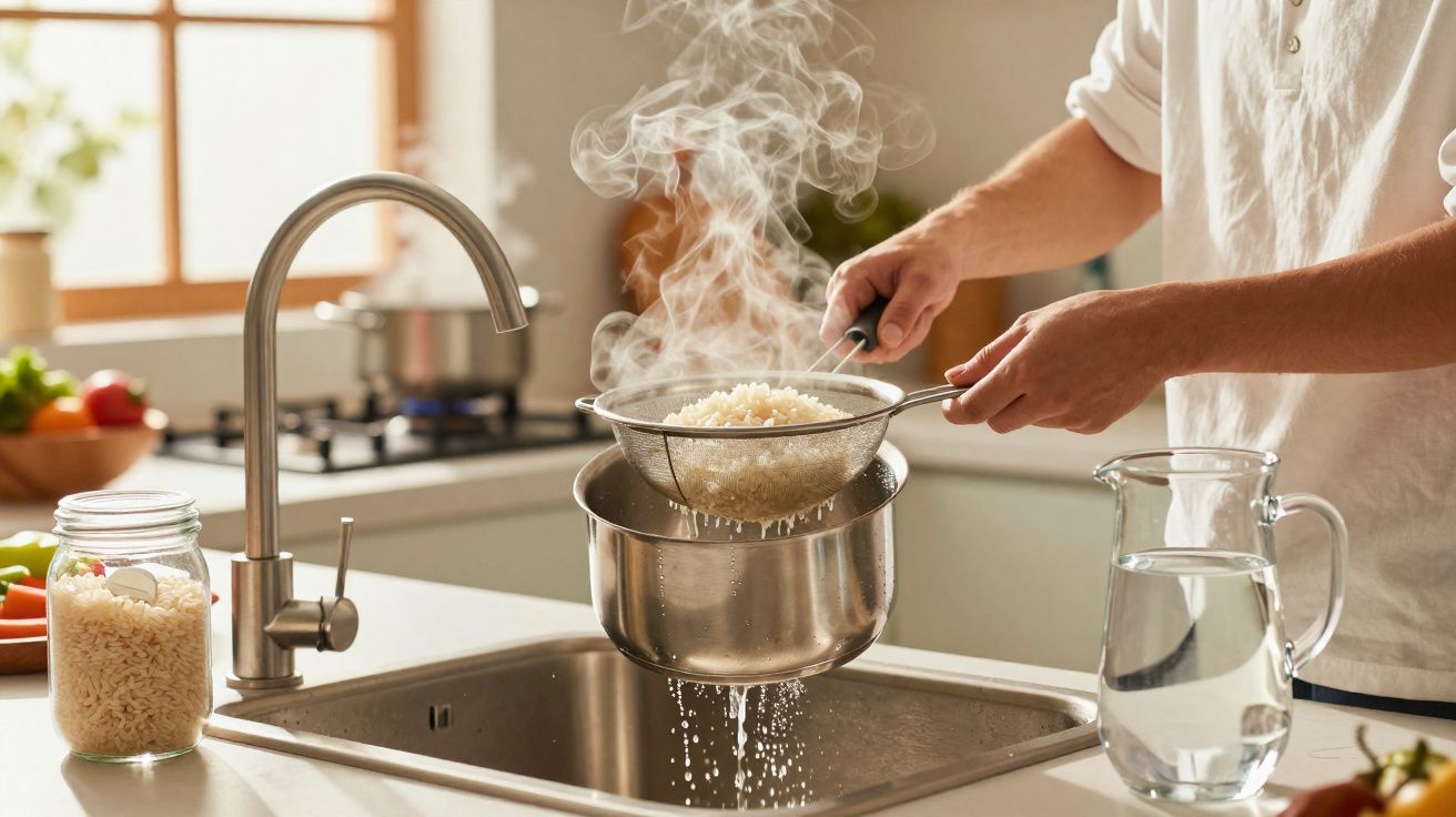 Pessoa coando arroz quente em uma peneira sobre cuba de pia em cozinha iluminada pela manhã.
