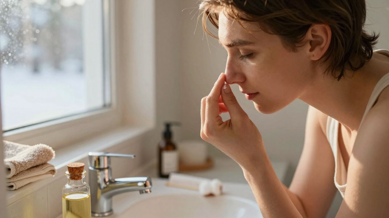 Mulher com expressão de cansaço massageando a ponte do nariz em banheiro iluminado.