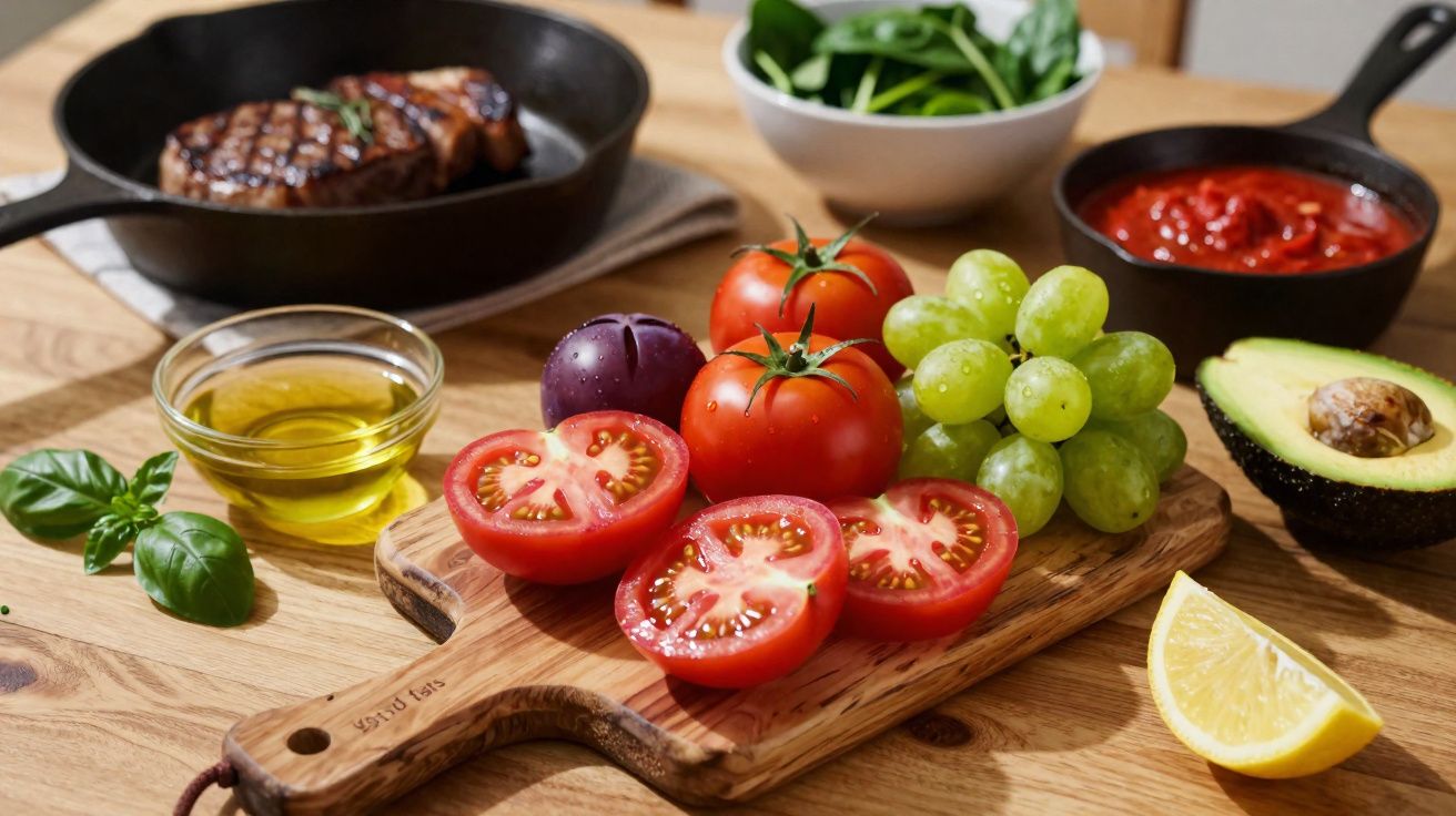 Frutas e vegetais frescos, incluindo tomates, uvas, abacate, limão, azeite, espinafre e carne grelhada em frigideira.