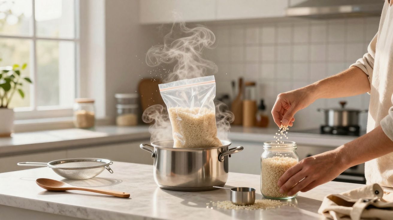 Pessoa colocando arroz em saco plástico dentro de panela com vapor em cozinha iluminada.
