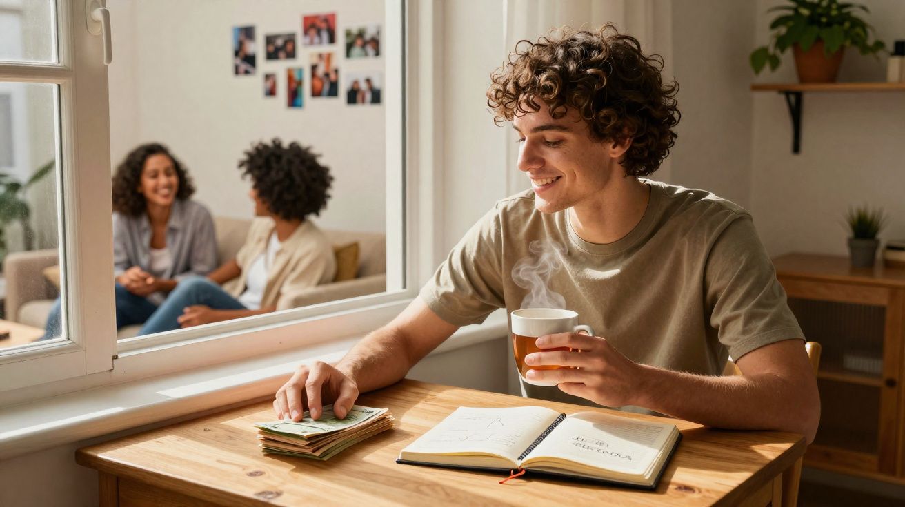 Jovem sentado à mesa com xícara de chá e caderno, observando dinheiro, com duas mulheres conversando ao fundo.