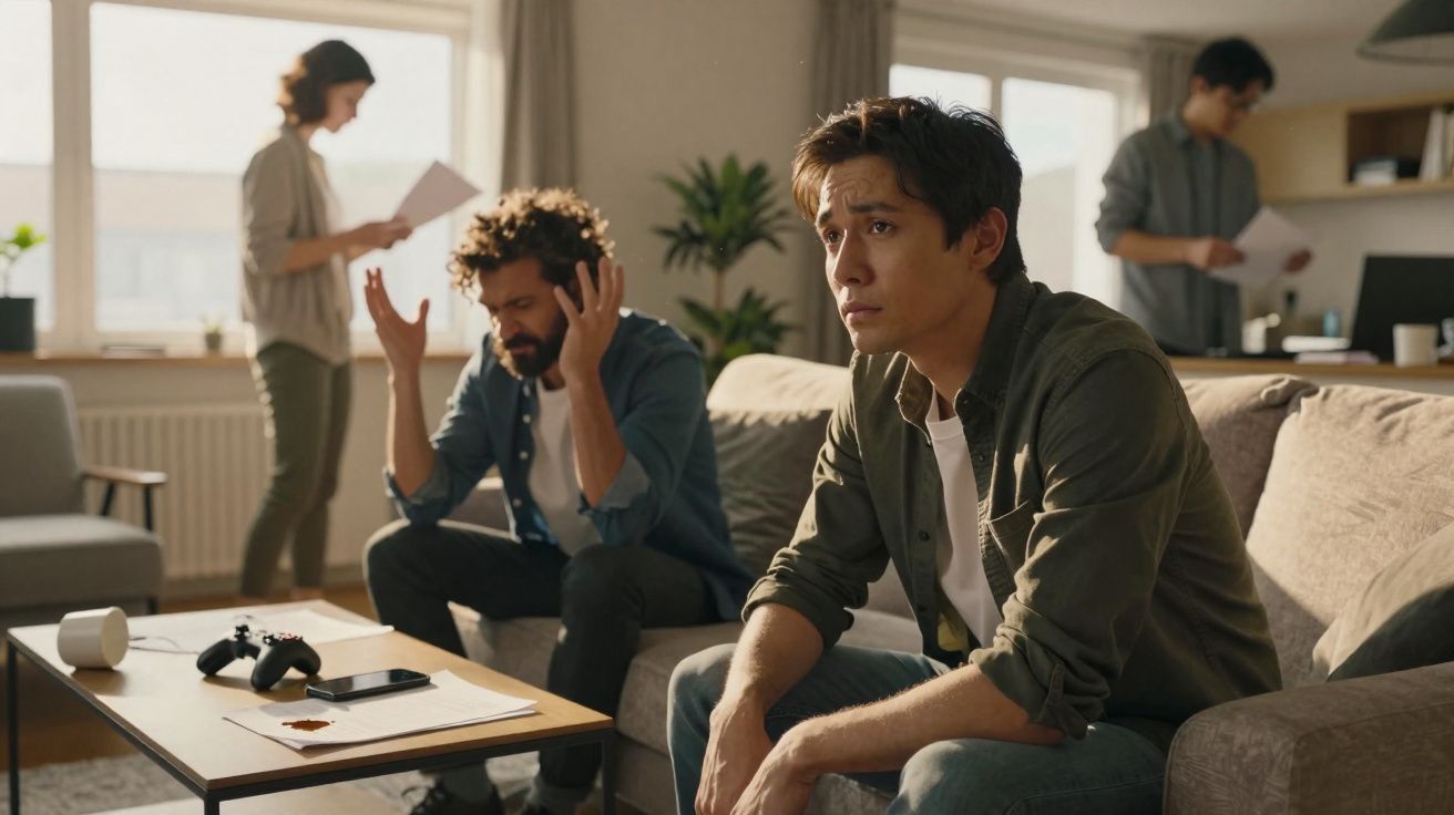 Jovem preocupado sentado no sofá enquanto outras pessoas discutem e analisam documentos em uma sala.