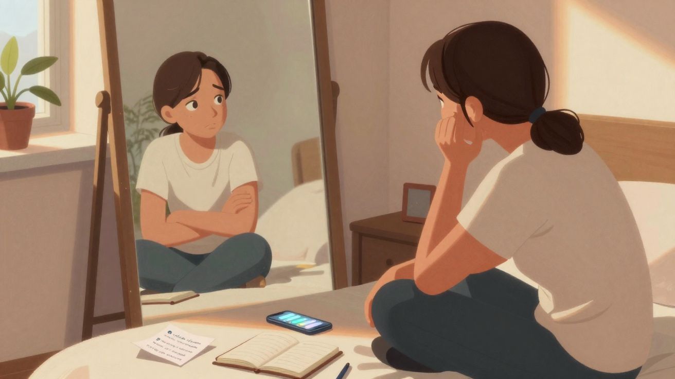 Pessoa sentada na cama olhando seu reflexo no espelho, com celular, caderno e papel à sua frente.