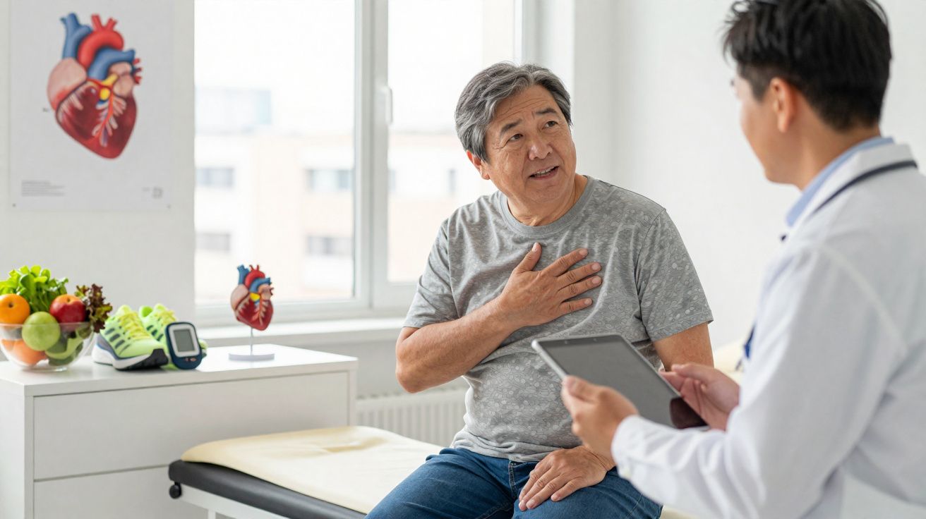 Paciente idoso sentado com mão no peito durante consulta com médico em clínica cardiológica.