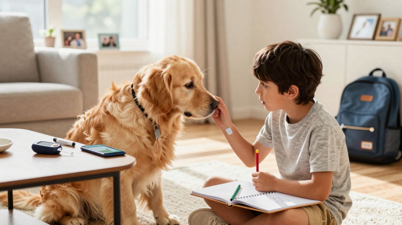 Menino sentado no chão toca o focinho de um cachorro dourado enquanto desenha em caderno.