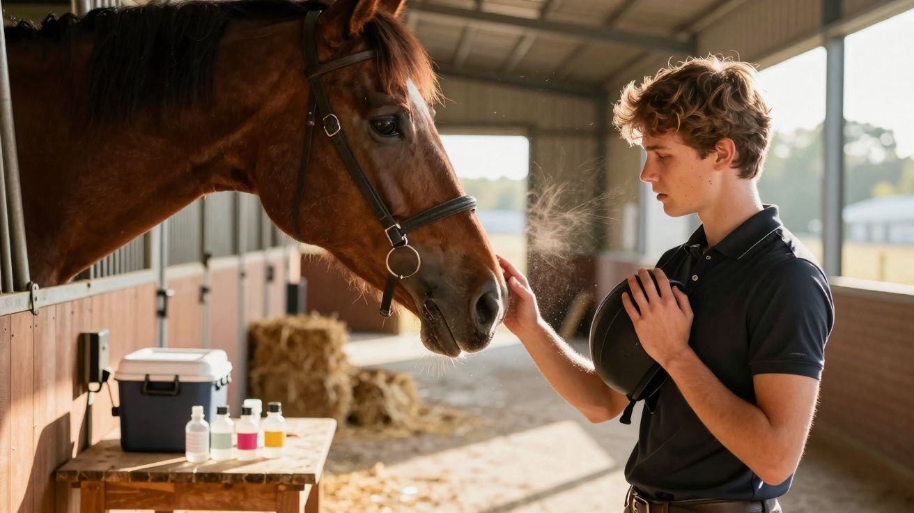 Jovem acaricia cavalo em estábulo, segurando capacete, com luz suave e poça de vapor visível na respiração do cavalo.