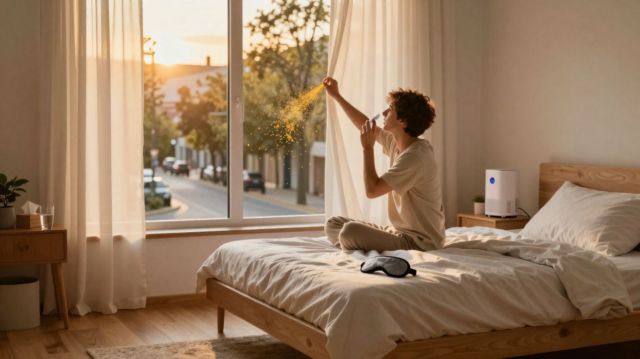 Pessoa sentada na cama em quarto iluminado pelo sol, soprando pó na mão perto da janela aberta.