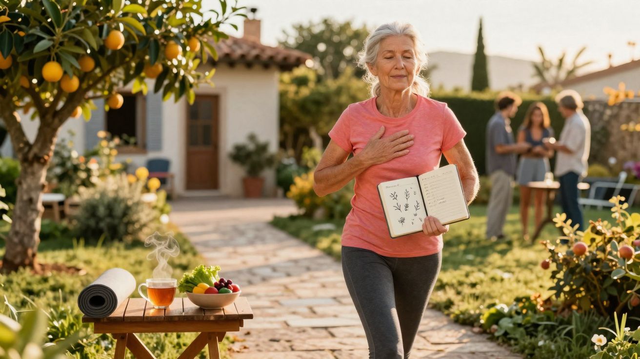 Mulher idosa fazendo caminhada ao ar livre com caderno de plantas na mão e pessoas conversando ao fundo.