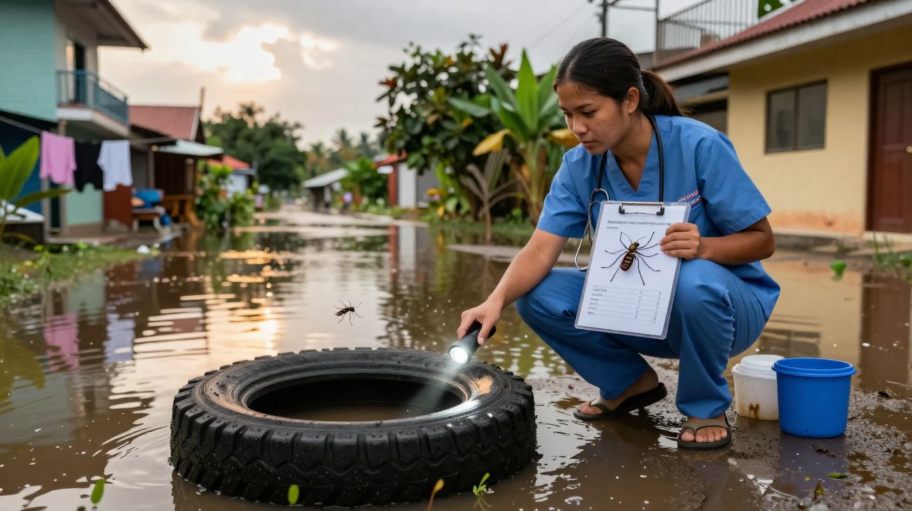 Profissional de saúde examina pneu com água parada em área alagada para identificar foco de mosquito transmissor de doenças.