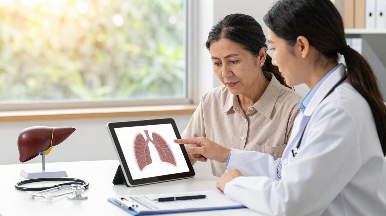 Médica explicando exame de pulmão para paciente em consulta, com modelo de fígado e estetoscópio na mesa.