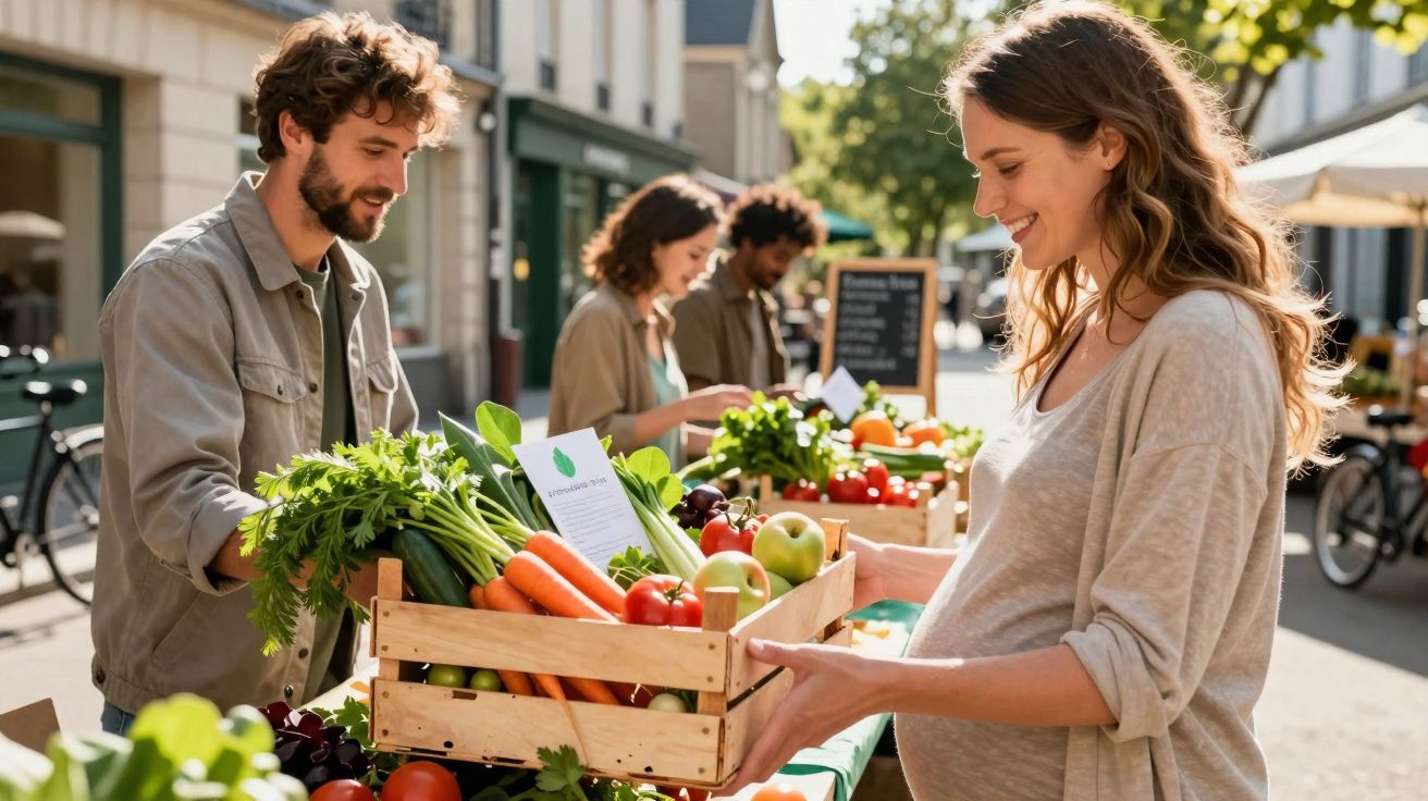 Mulher grávida compra cesta de legumes e frutas em feira ao ar livre com vendedor sorridente.