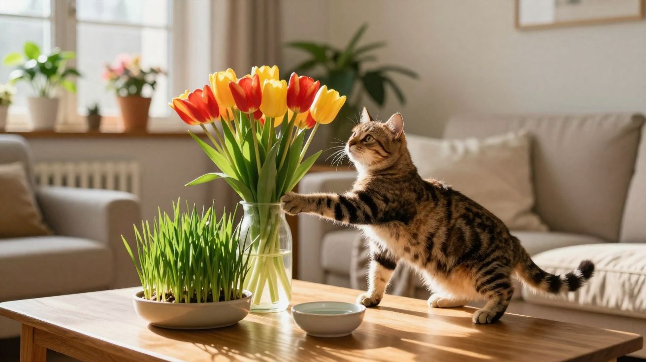 Gato toca vaso de tulipas amarelas e vermelhas sobre mesa de madeira em sala iluminada.