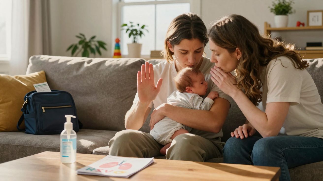 Duas mulheres sentadas no sofá com um bebê nos braços, uma sinalizando com a mão aberta.