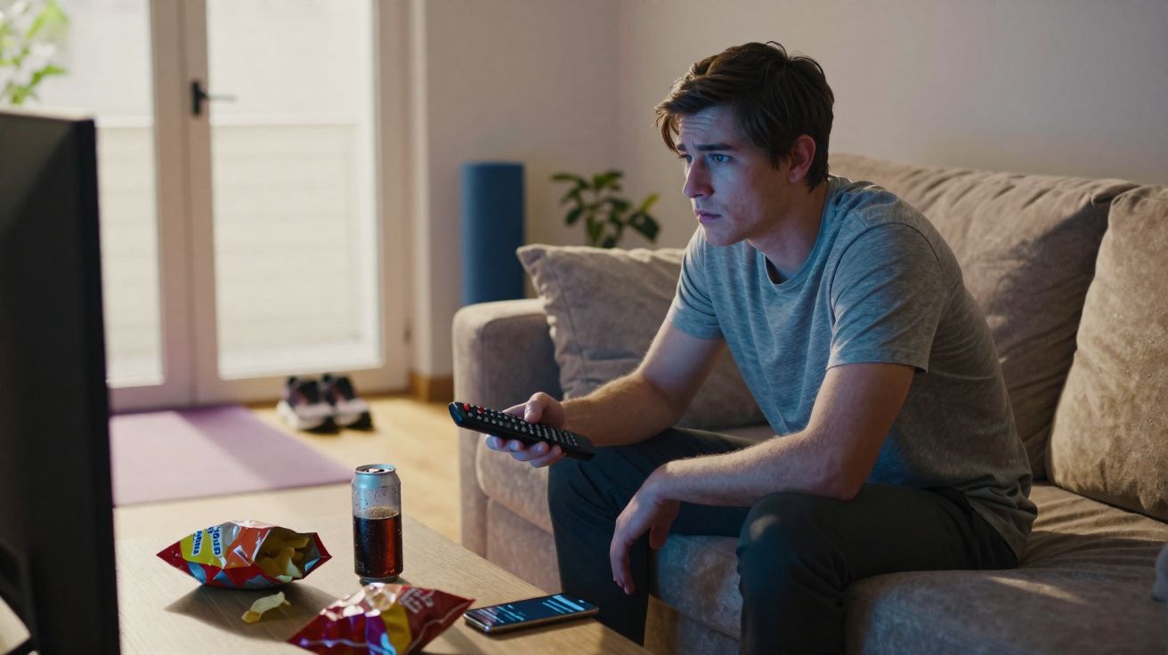 Homem sentado no sofá controlando TV com controle remoto, com petiscos e refrigerante na mesa à sua frente.