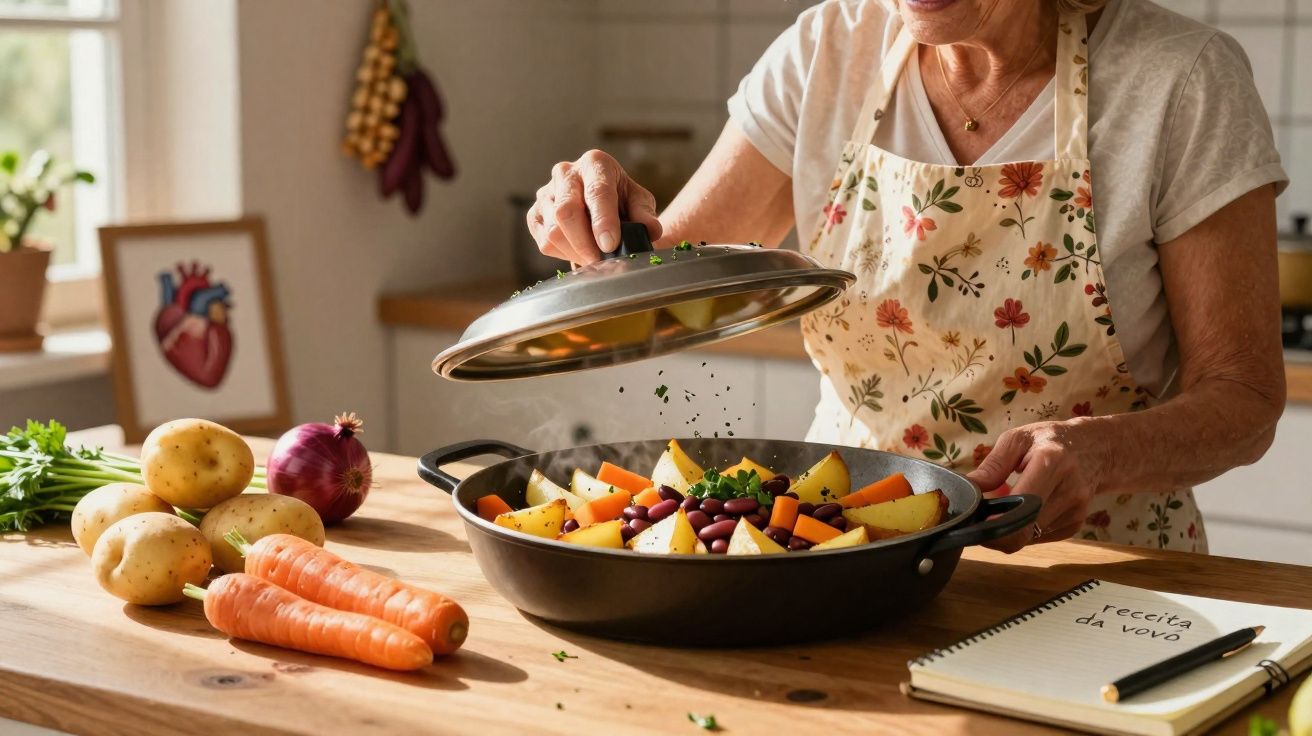 Mulher preparando prato com legumes e feijão em cozinha iluminada, com receita da vovó ao lado.