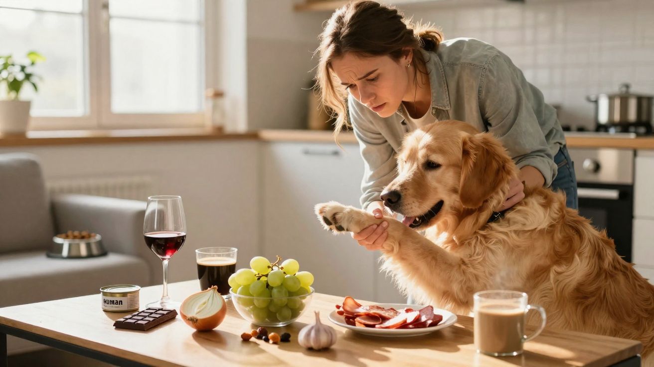 Mulher ensina cachorro golden retriever a dar a pata em cozinha com alimentos e bebidas na mesa.