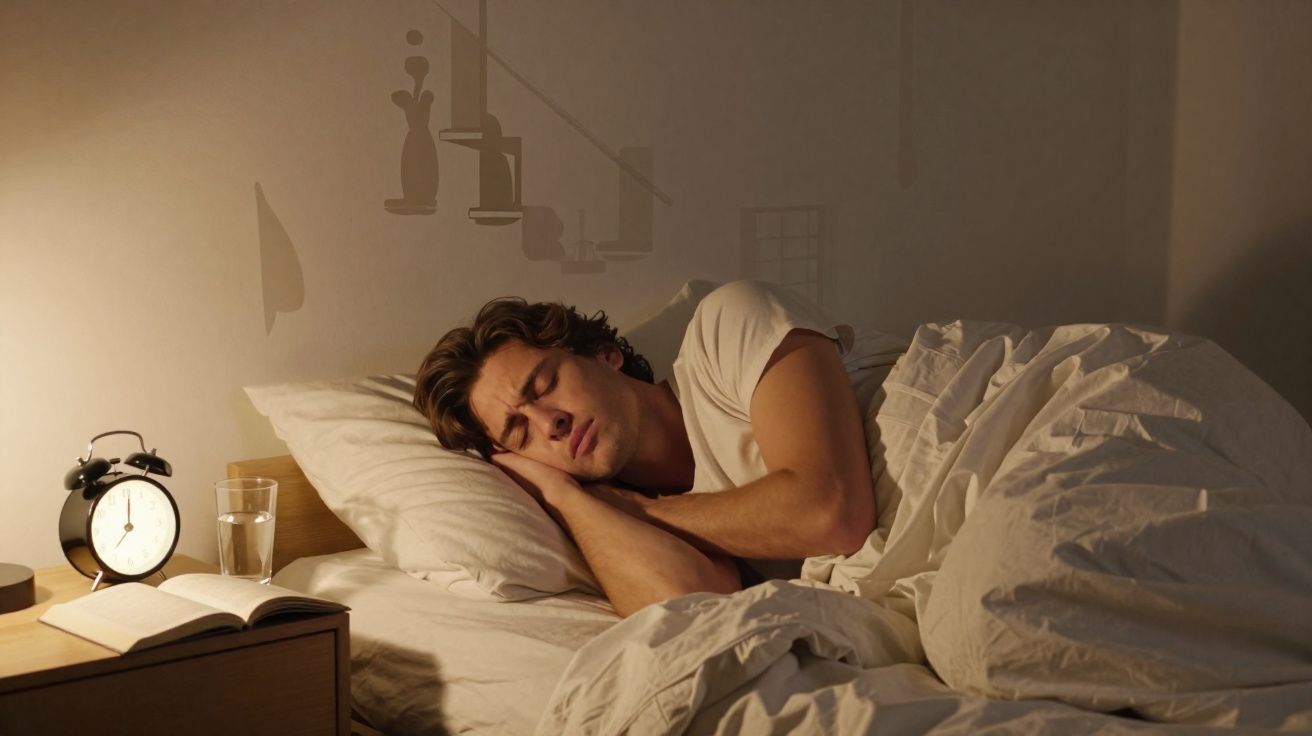 Homem dorme de lado na cama com travesseiro branco, ao lado relógio despertador e copo d'água.