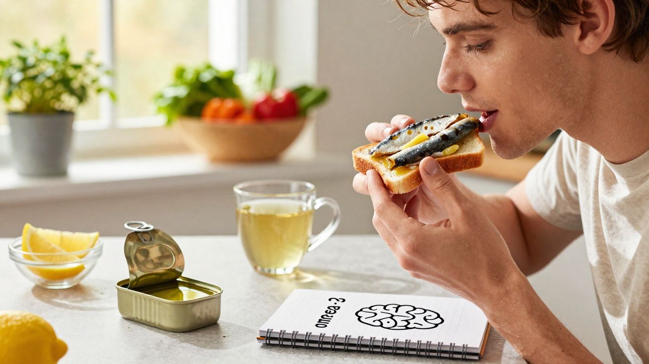 Jovem comendo torrada com peixe em cozinha, com chá, prato de limão e caderno sobre Ômega 3 à mesa.