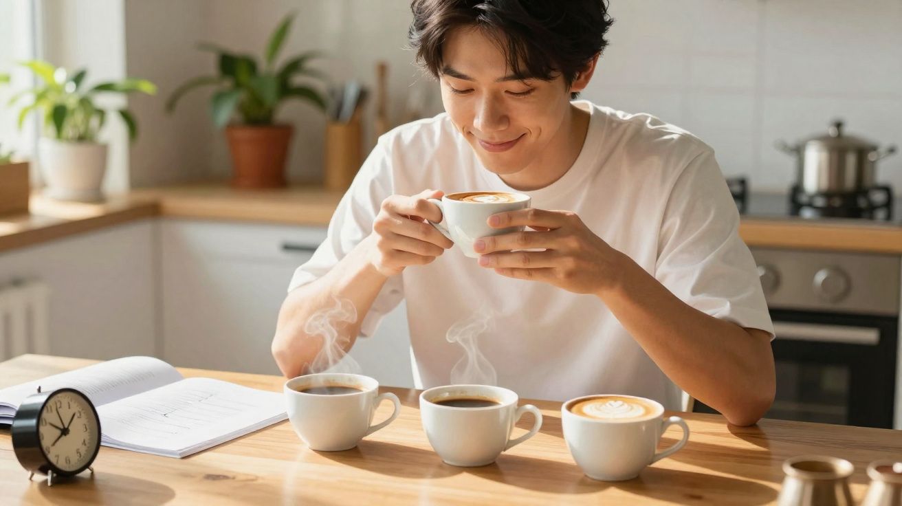 Jovem sentado à mesa segurando xícara de café, com três xícaras fumegantes e um livro aberto ao lado.