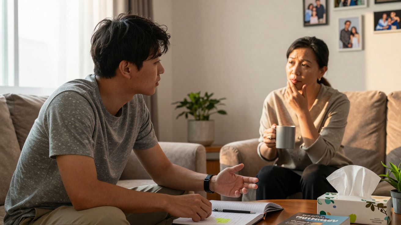 Jovem homem conversa seriamente com mulher que segura caneca em sala de estar iluminada.