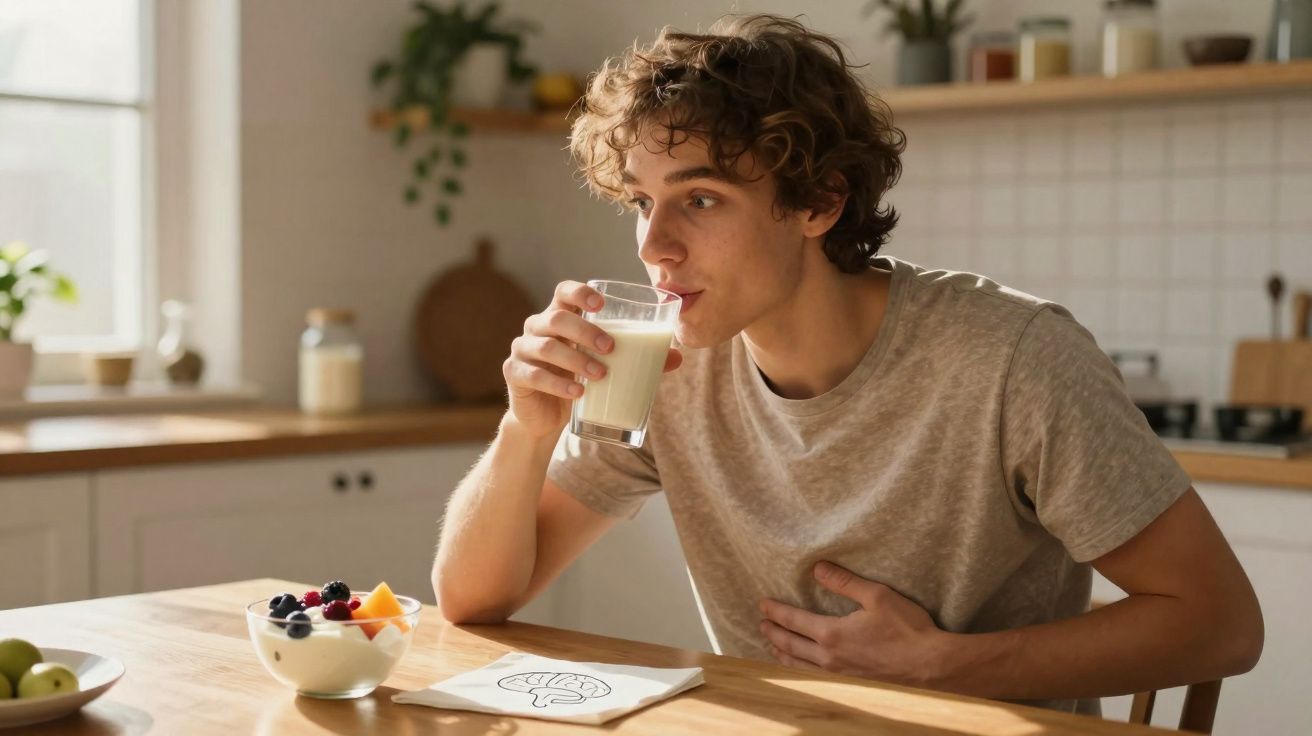 Jovem com camiseta bege senta à mesa na cozinha bebendo leite, com expressão de incômodo no estômago.