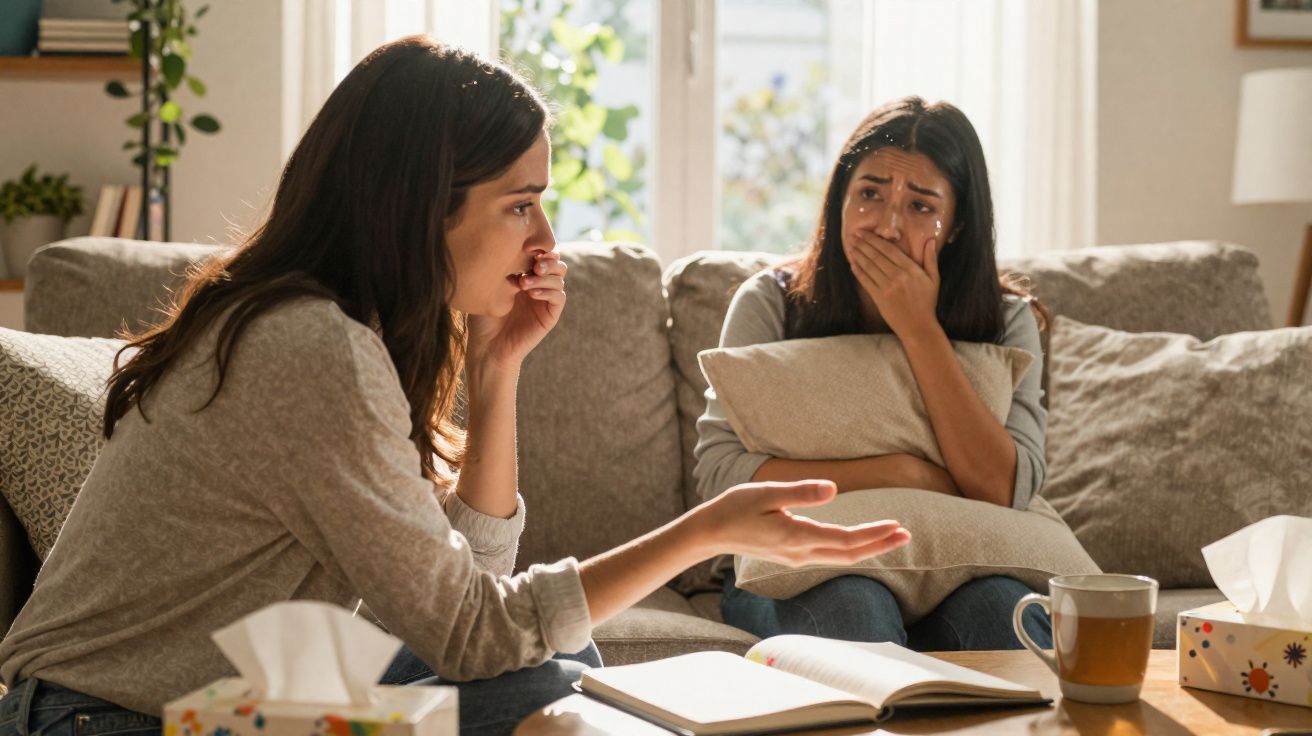 Duas mulheres sentadas no sofá conversando, uma parece consolando a outra que está chorando.