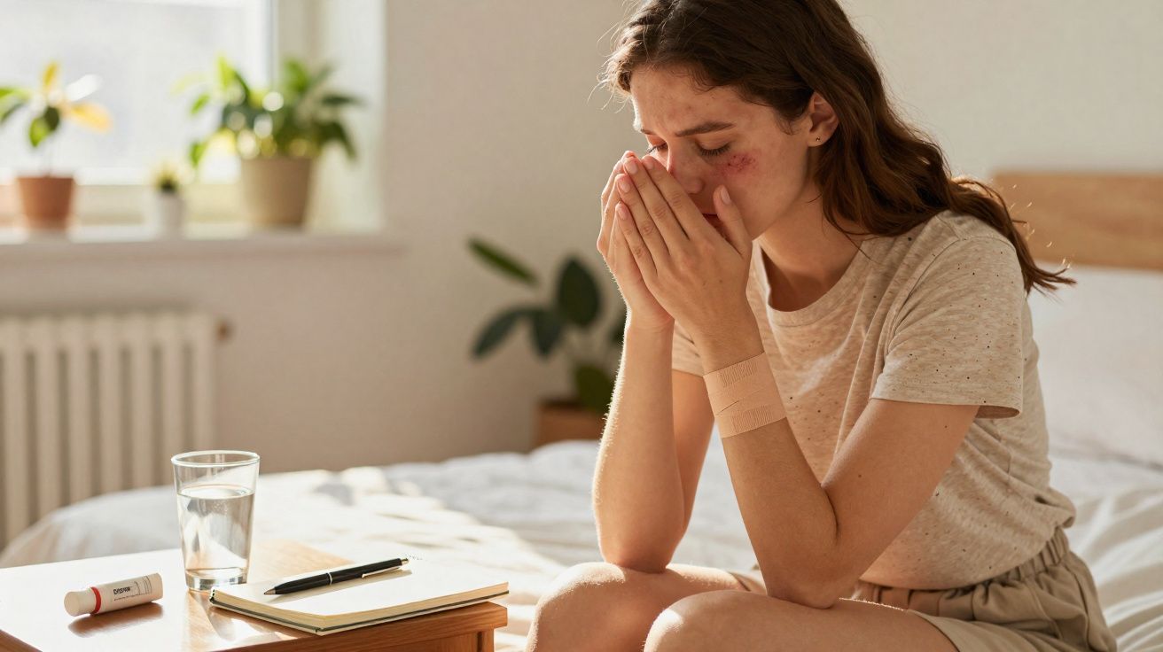 Mulher com hematomas no rosto sentada na cama, cobrindo o rosto com as mãos, ao lado de mesa com copo d'água.